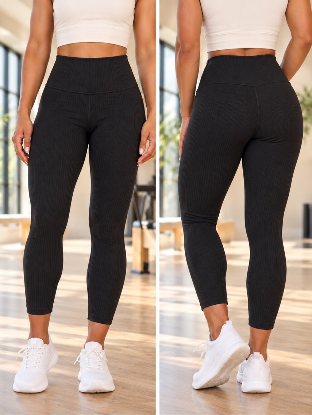 Move Theology Black Ribbed High Rise Leggings Large Yoga Workout Athleisure